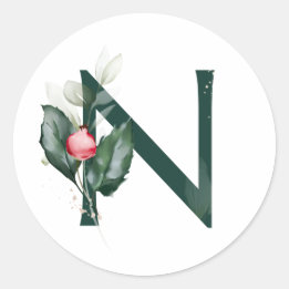 Sticker Rond Vacances d'hiver MONOGRAMME poinsettia rouge baies