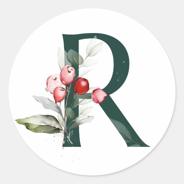 Sticker Rond Vacances d'hiver MONOGRAMME poinsettia rouge baies (Devant)