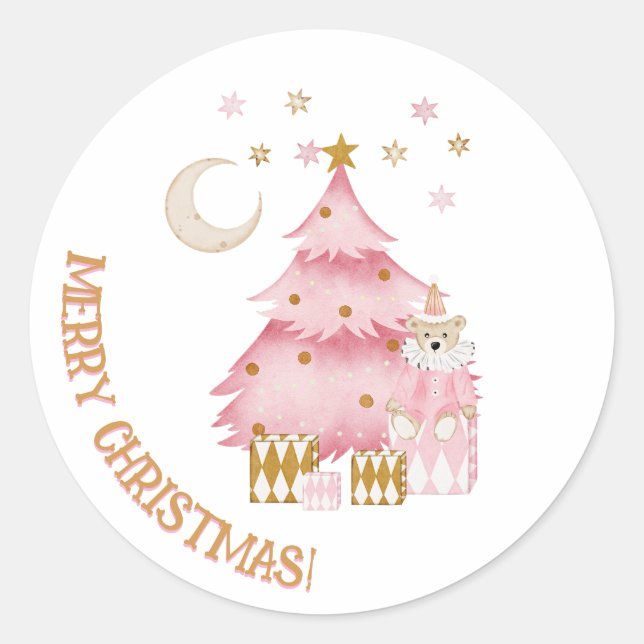 Sticker Rond Vacances d'hiver rose ours coton (Devant)