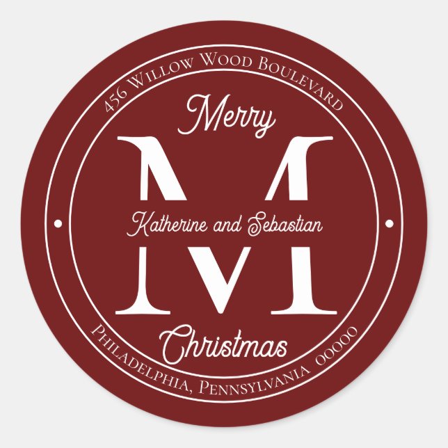 Sticker Rond Vacances Élégant Monogramme Retour Adresse Sceau (Devant)