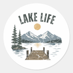 Sticker Rond Vacances en famille rétro grunge au bord du lac
