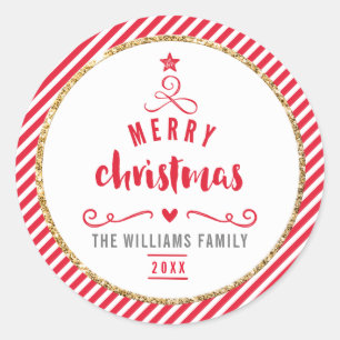 Sticker Rond VACANCES Joyeux Noël arbre rouge rayé