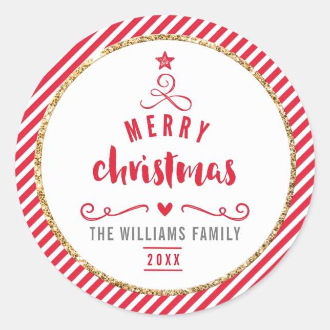 Sticker Rond VACANCES Joyeux Noël arbre rouge rayé (Devant)