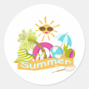 Sticker Rond Vacances plage d'été soleil souriant en lunettes d