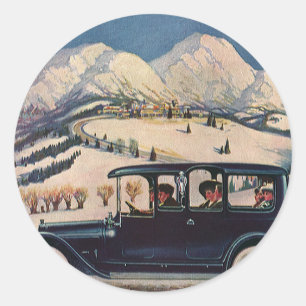 Sticker Rond Vacances vintage en voiture automobile ancienne