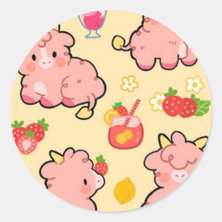 Sticker Rond Vache à la limonade de fraise kawaii