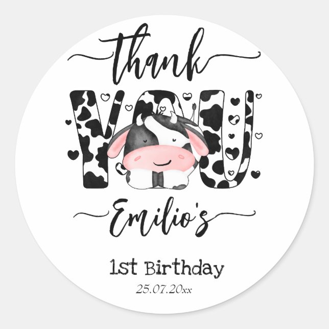 Sticker Rond Vache anniversaire vache motif merci (Devant)
