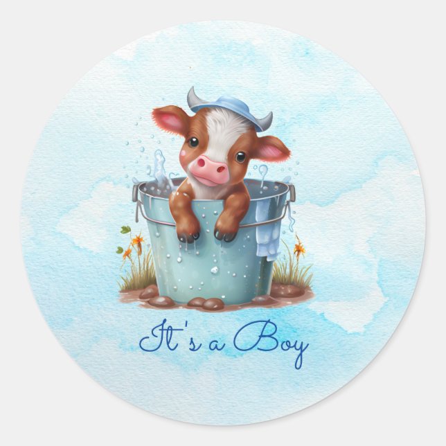 Sticker Rond Vache bébé mignonne dans le Baby shower bleu seau  (Devant)