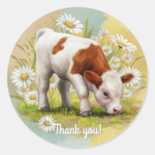 Sticker Rond Vache bébé mignonne dans un champ de Daisies Weste