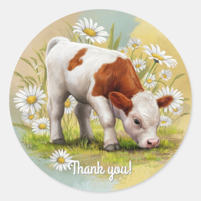 Sticker Rond Vache bébé mignonne dans un champ de Daisies Weste (Devant)