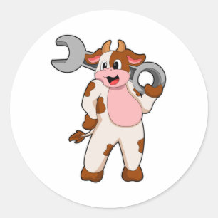Sticker Rond Vache comme mécanicien avec clé