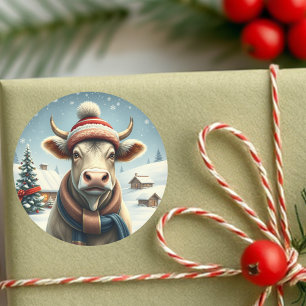Sticker Rond Vache de ferme dans l'hiver de Preppy Attire et Ca
