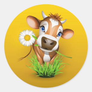 Sticker Rond Vache de Jersey dans l'herbe sur le jaune