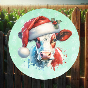 Sticker Rond Vache de Noël mignonne à Santa Hat