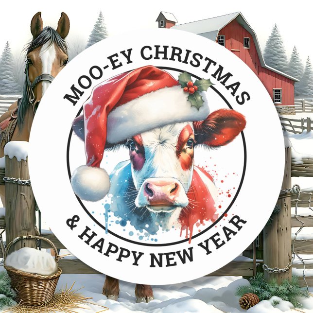 Sticker Rond Vache de Noël mignonne à Santa Hat Personnalisé (Créateur téléchargé)