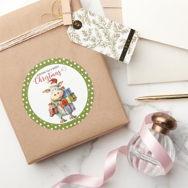 Sticker Rond Vache de Noël Pun  (Cadeaux)