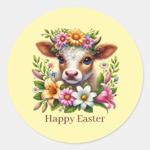 Sticker Rond Vache de Pâques mignonne et heureuse