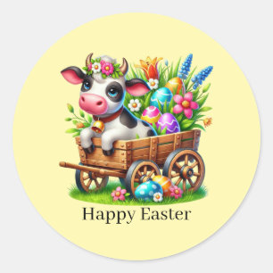 Sticker Rond Vache de Pâques mignonne et heureuse 