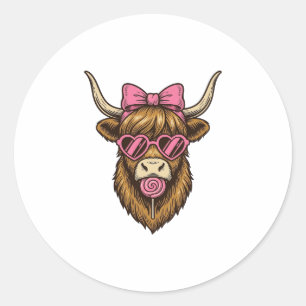 Sticker Rond Vache des Highlands mignonne avec des lunettes à m