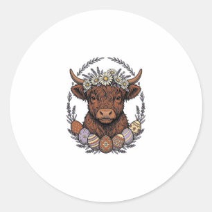 Sticker Rond Vache des Highlands Pâques Art de l'oeuf floral vi