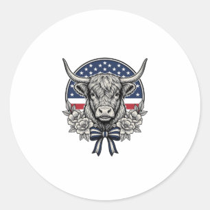 Sticker Rond Vache des Highlands patriotique gravure vintage Ar