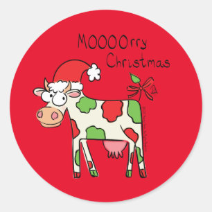 Sticker Rond Vache Drôle Caricature Noël
