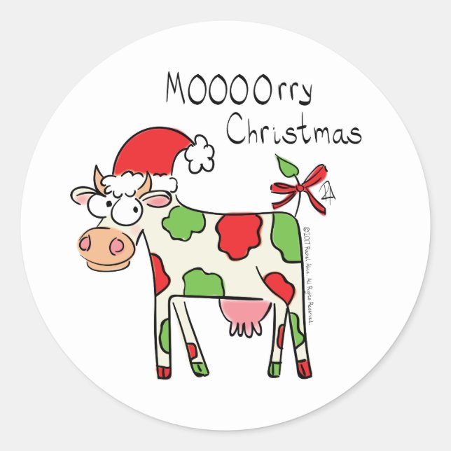 Sticker Rond Vache Drôle Caricature Noël (Devant)
