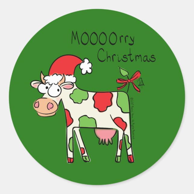 Sticker Rond Vache Drôle Caricature Noël (Devant)