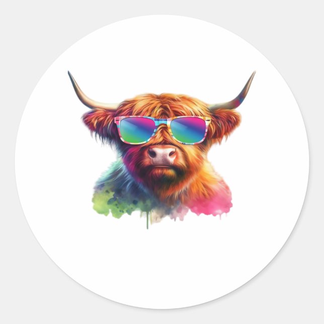 Sticker Rond Vache écossaise Highland en lunettes de soleil Eau (Devant)