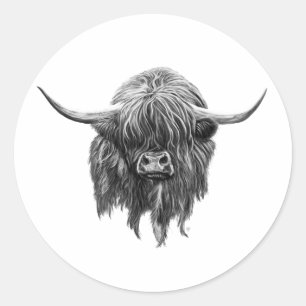 Sticker Rond Vache Écossaise Highland En Noir Et Blanc