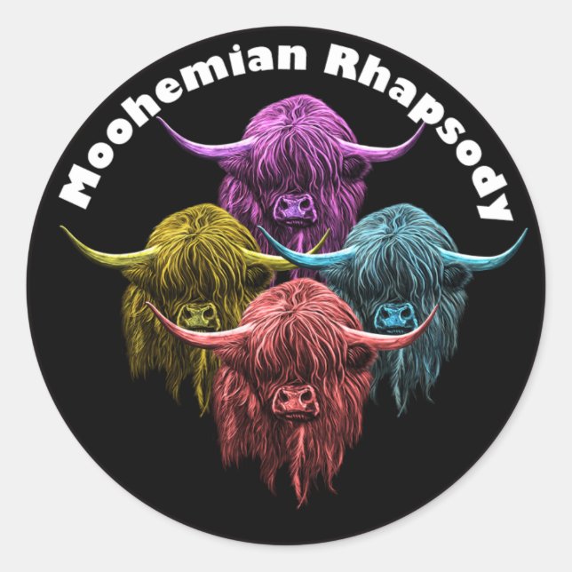 Sticker Rond Vache écossaise Highland. Moohemian Rhapsody (Devant)
