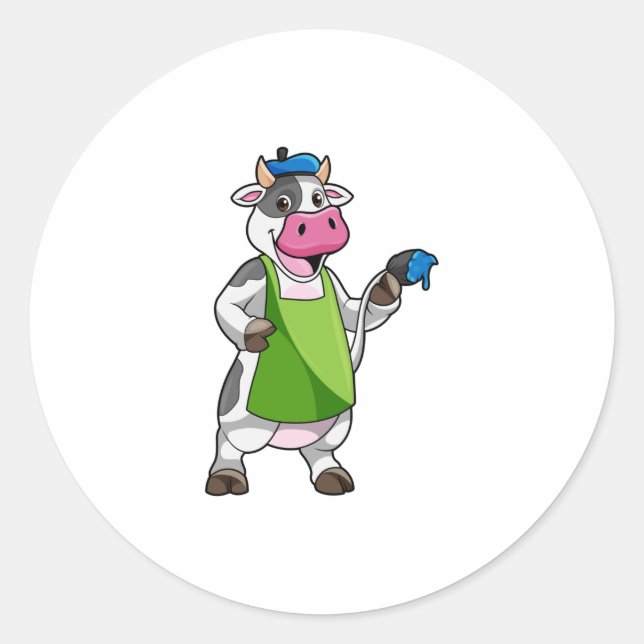 Sticker Rond Vache en peintre avec peinture et tablier (Devant)