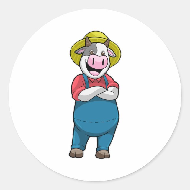 Sticker Rond Vache en tant qu'agriculteur avec Casquette (Devant)