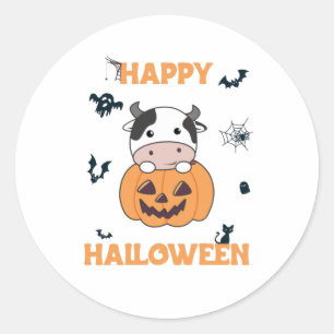 Sticker Rond Vache En Vaches mignonnes Citrouilles Bonne Hallow