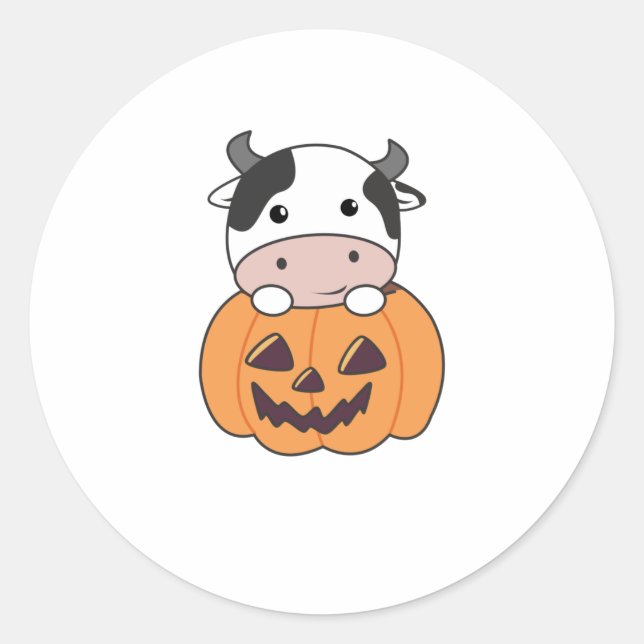 Sticker Rond Vache En Vaches mignonnes Citrouilles Bonne Hallow (Devant)