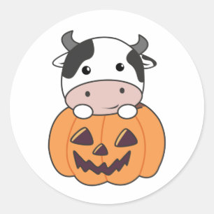 Sticker Rond Vache En Vaches mignonnes Citrouilles Bonne Hallow