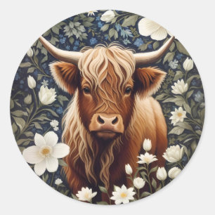 Sticker Rond Vache Highland Élégant Blanc Floral