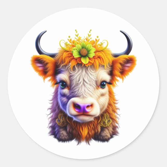 Sticker Rond Vache Highland mignonne avec une fleur dans les ch (Devant)