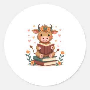 Sticker Rond Vache Highland Vintage lisant des livres Floral Cu