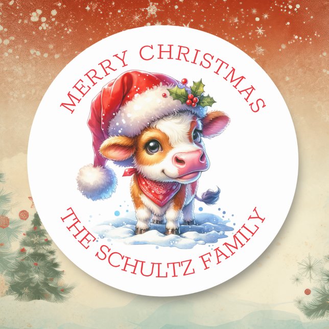 Sticker Rond Vache mignonne à Santa Hat Noël personnalisé (Créateur téléchargé)