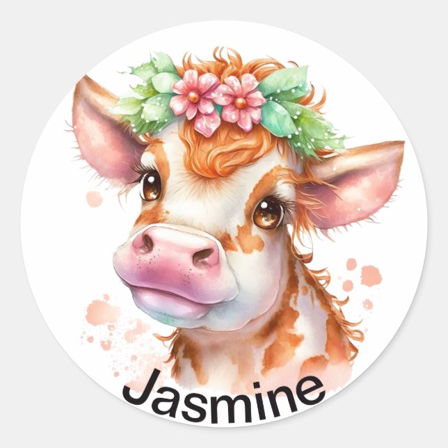 Sticker Rond Vache mignonne avec votre nom aquarelle fleurie (Devant)