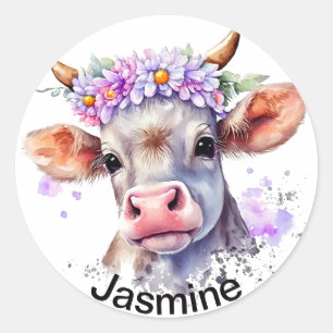 Sticker Rond Vache mignonne avec votre nom floral wreath aquare