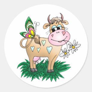 Sticker Rond Vache mignonne et papillon