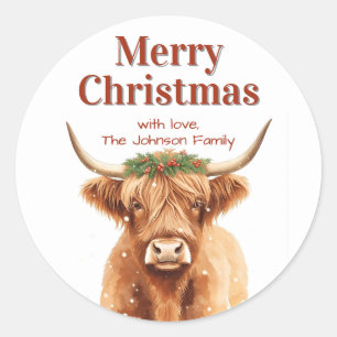 Sticker Rond Vache miniature de Noël à feuillage de Highland