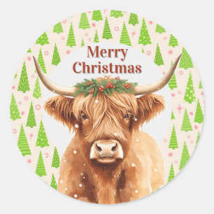 Sticker Rond Vache miniature de Noël à verdure Highland