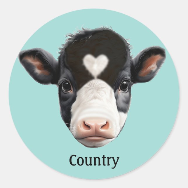 Sticker Rond Vache noire et blanche face sur bleu clair (Devant)