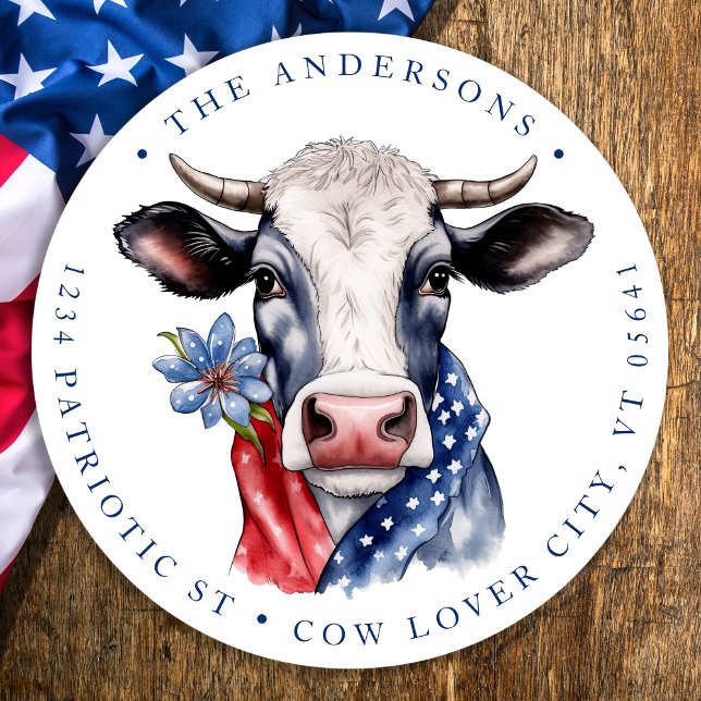 Sticker Rond Vache patriotique 4 juillet ferme Adresse de retou (Créateur téléchargé)