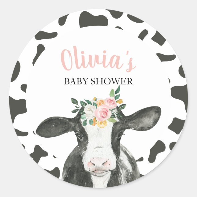 Sticker Rond Vache rose Floral et En vichy Baby shower (Devant)
