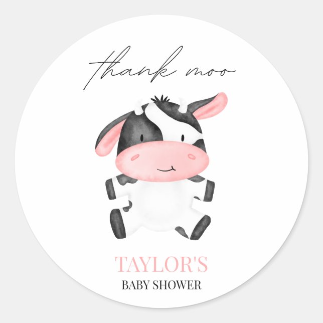 Sticker Rond Vache rose Motif ferme rustique pays Baby shower G (Devant)