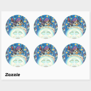 STICKER ROND VACHE SUR L'HOMME DANS LA LUNE, ROUGE COLORÉ